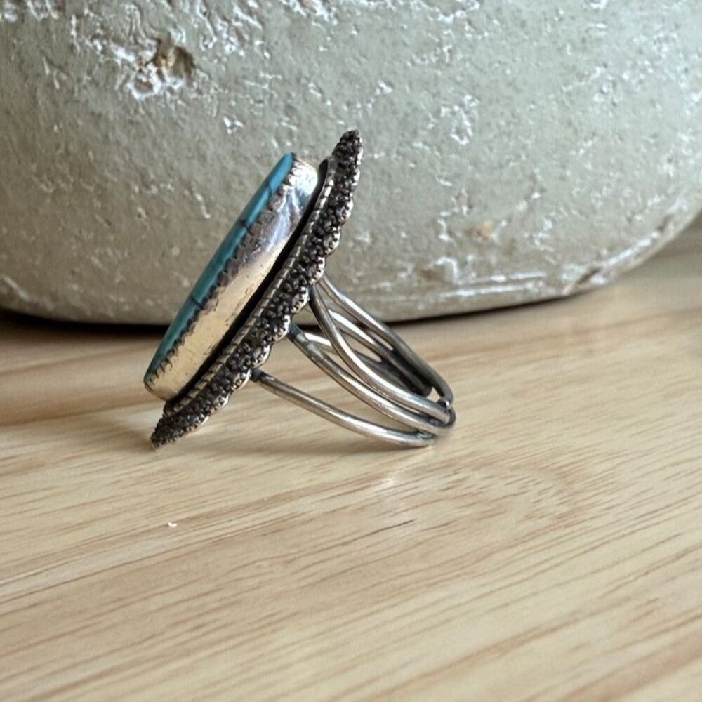Vintage Turquoise Beau Sterling Silver Filigree Cabochon Bezel Ring Size 5 Adjus - Picture 3 of 9